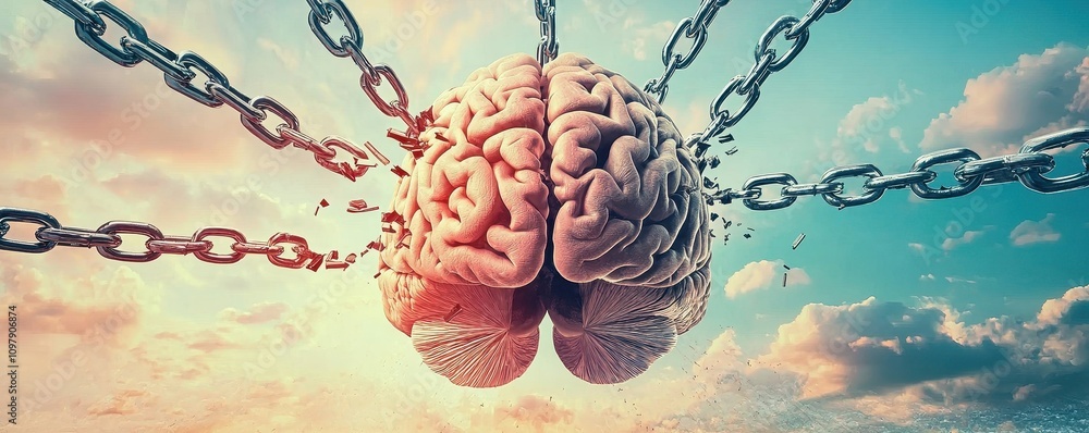 Poster a surreal image of a brain interconnected with chains, symbolizing mental constraints and the strugg
