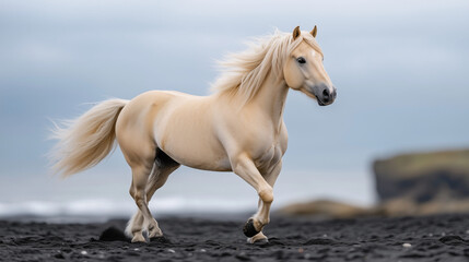 Obraz premium Icelandic Horse Galloping on Black Sand Beach with Cliffs and Ocean