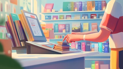 A person checking out books at a colorful library or bookstore kiosk.