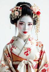 Geisha in a floral kimono with elegant makeup, styled hair, and a clean white backdrop.

