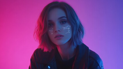 Portrait of a woman with short hair illuminated by moody blue and pink lighting symbolizing introspection bold expression and cinematic artistry