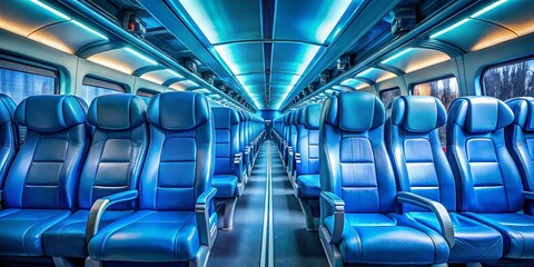 Fototapeta premium Long Exposure of Rows of Blue Leather Seats in a Commuter Bus Highlighting Urban Transportation and Empty Spaces for a Serene Atmosphere