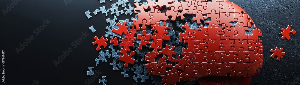 Poster a fragmented puzzle in the shape of a brain, showcasing a blend of red and gray pieces against a dar