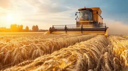Fototapeta premium Massive combine harvester efficiently cuts golden wheat in expansive rural landscape under bright summer sky