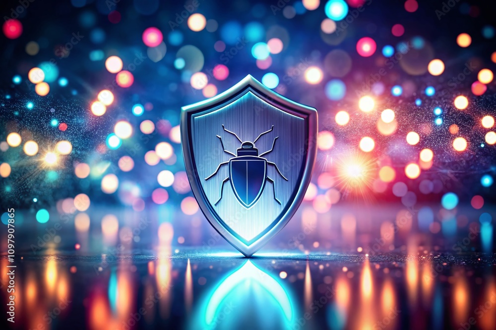 Poster long shadow shield symbol with bug illustration in bokeh effect for cybersecurity and protection con