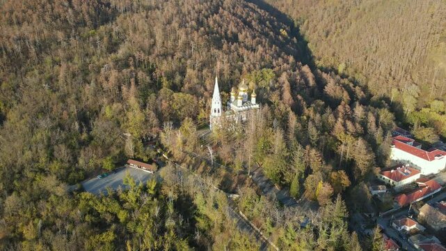 Aerial view of Shipka Monastery Holy Nativity, known as Russian church in town of Shipka, Stara Zagora Region, Bulgaria