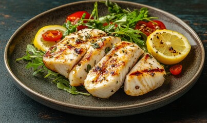 Grilled fish with vegetables on rustic concrete background, delicious and healthy food concept