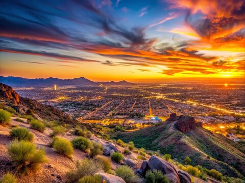 Low Light Photography of Arizona's Valley of the Sun: A Stunning View of Glendale, Peoria, and Phoenix from North Mountain Park with Expansive Copy Space