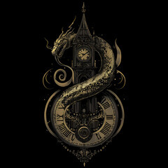 Obraz premium Mechanical serpent coiling around clock tower urban fantasy scene digital art nighttime dramatic perspective time and nature fusion
