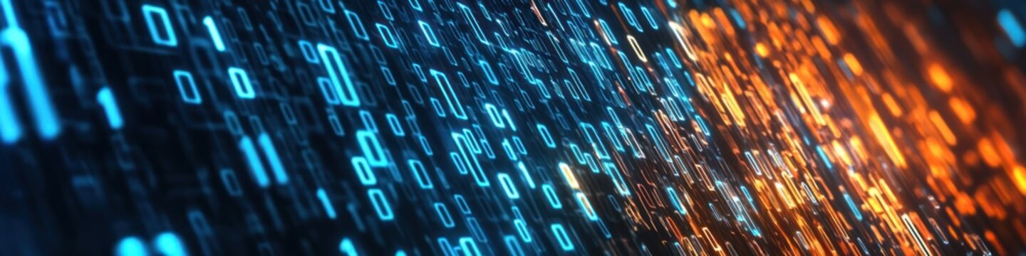 Blurry digital binary code in red and blue tones, symbolizing programming, data processing, and futuristic technology