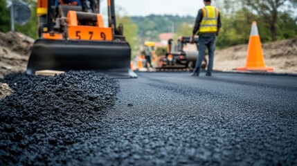 Fototapeta premium A civil engineer and a construction worker are overseeing the paving process of asphalt on a road.