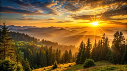 Obraz premium Golden Hour Rays Illuminating a Misty Mountain Landscape, Where Pine Trees Stand Tall and Proud, Bathed in Warm Light