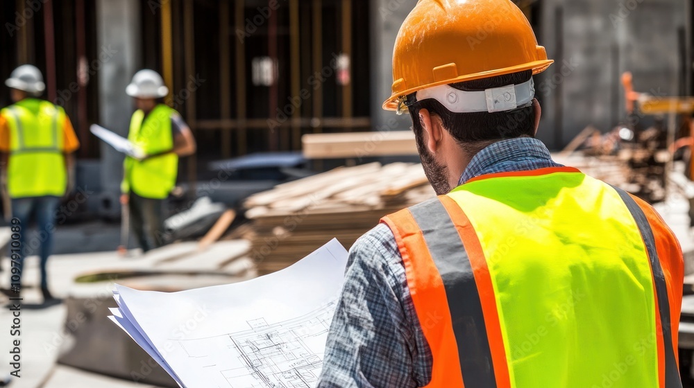 Poster a structural engineer pointing at the digital plans on a touch pad, while a foreman worker takes not