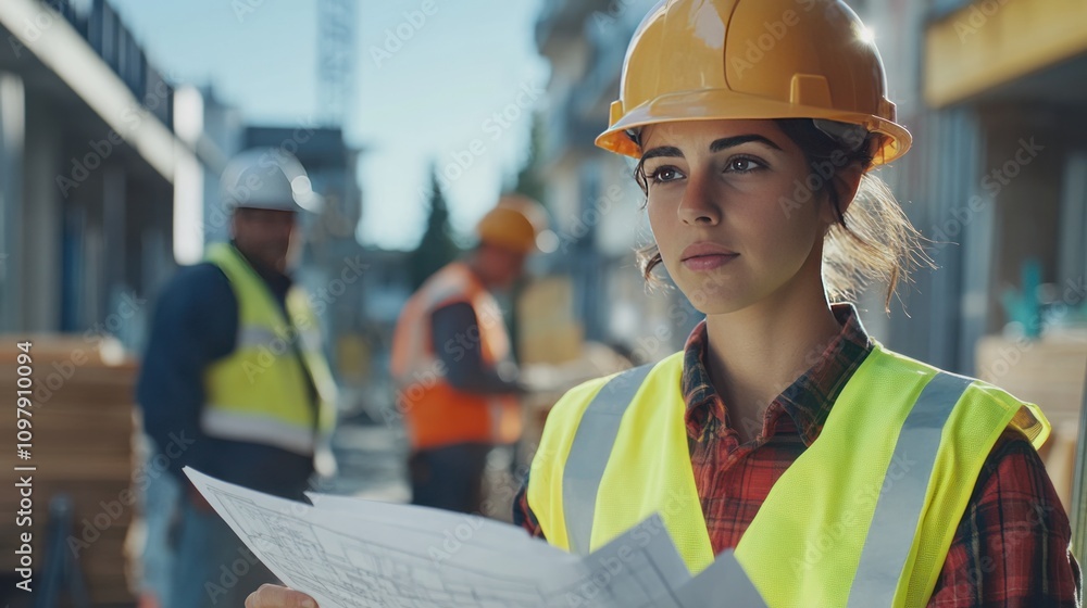Aufkleber a structural engineer pointing at the digital plans on a touch pad, while a foreman worker takes not