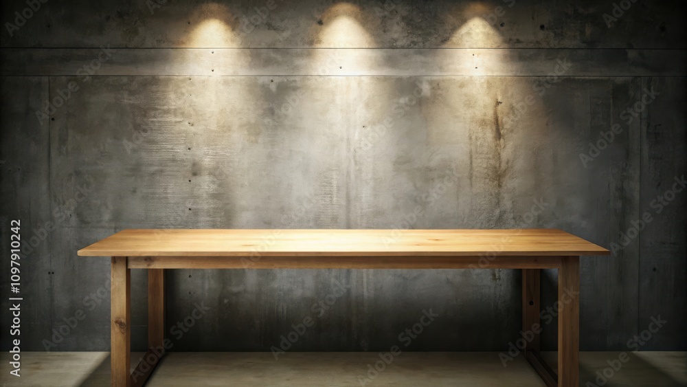Aufkleber a rustic wooden table sits in front of a rough, textured concrete wall, illuminated by soft spotligh