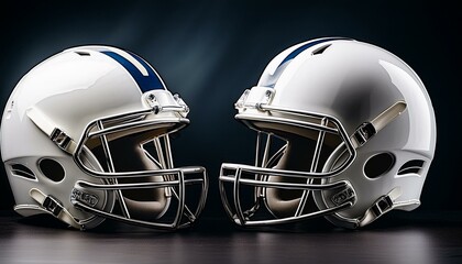 Fototapeta premium Facing Off: Dual White Football Helmets on a Dramatic Dark Background