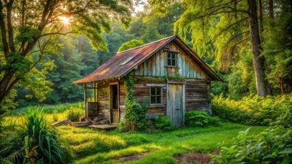 Fototapeta premium A rustic wooden cabin nestled amongst a lush forest bathed in the warm glow of the setting sun.