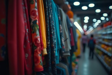Naklejka premium A close-up, macro shot of a colorful clothing rack