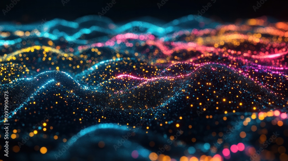 Poster a digital data network, where luminous particles form intricate pathways and connections.