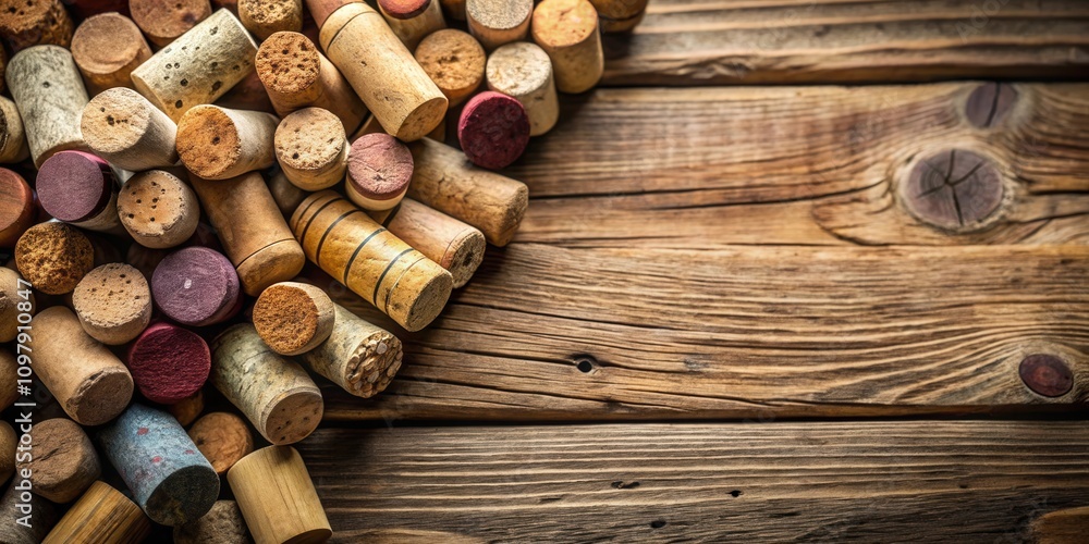Poster a pile of assorted wine corks sits on a rustic wooden surface, with a textured background and natura