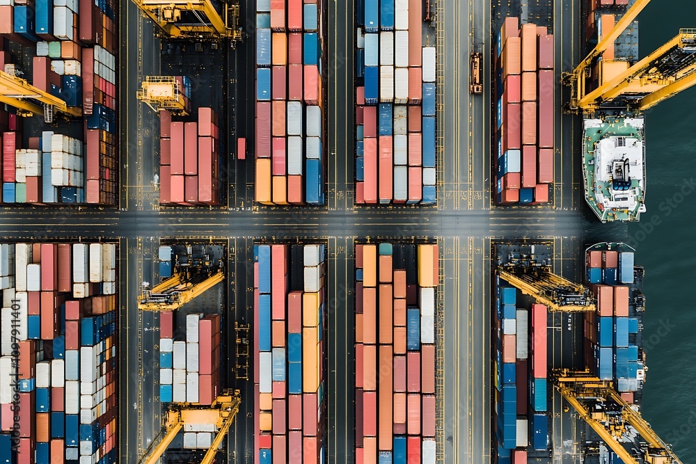Poster aerial view of a busy shipping port with containers and cranes.