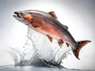 Obraz premium Stunning Silhouette of Salmon Fish Jumping Against a White Background â€“ Nature, Wildlife, Freshwater, Aquatic Life, Dynamic Movement, Fish Behavior, Sport Fishing, Natural Habitat, Outdoor Adventure