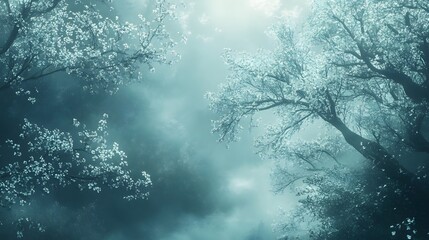 Fototapeta premium Mysterious forest with misty atmosphere and blooming trees.