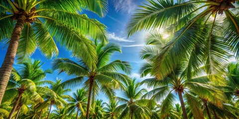 Fototapeta premium Lush Summer Background with Vibrant Coconut Palms Under Clear Blue Sky, Emphasizing the Beauty of Tropical Landscapes and Natural Serenity for Stock Photography