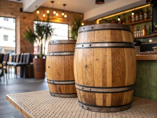 Fototapeta premium Elegant Architectural Photography of a Pair of Wooden Drums on a Rustic Tabletop, Showcasing Natural Textures and Warm Tones in a Cozy Environment