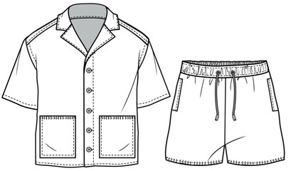 boys resort wear coordinate set flat sketch vector illustration technical cad drawing template © SQB Creation 
