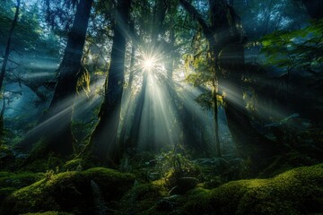 Fototapeta premium Sunlight Beams Through a Dense Forest