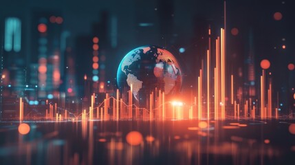 A digital representation of Earth with data visualizations and cityscape backdrop.