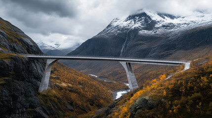 Autumn Bridge in Norwegian Mountains with Colorful Landscape