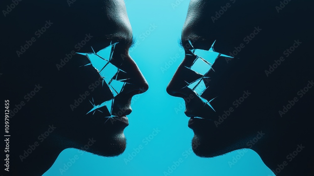 Poster two faces illuminated against a blue backdrop, featuring intricate patterns resembling cracks or sha