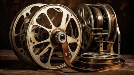 Fototapeta premium A classic antique film reel with scattered sepia-toned photographs and a vintage camera in the background.