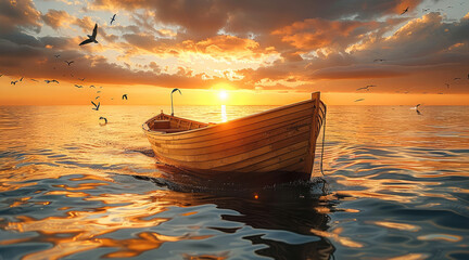 A traditional wooden fishing boat sailing at sunrise, with golden sunlight shimmering on the calm ocean waves and seagulls flying overhead.