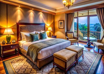 Fototapeta premium Luxurious Hotel Room with King Size Bed, Elegant Wooden Furniture, and Warm Lighting for Ultimate Relaxation and Comfort in a Cozy Atmosphere