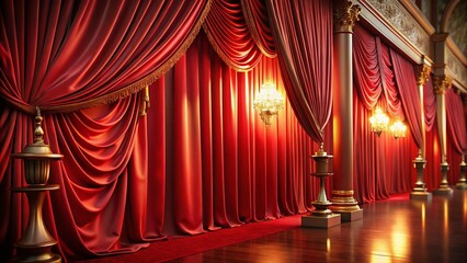 Luxurious Red Curtains in a Grand Room with High Depth of Field, Showcasing Rich Scarlet Fabric and Elegant Drapery, Perfect for Interior Design and Home Decor Inspiration