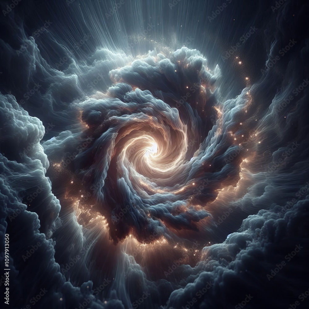 Poster a vibrant, glowing cloud swirl set against a deep sky, with sparkling cosmic particles, creating a d