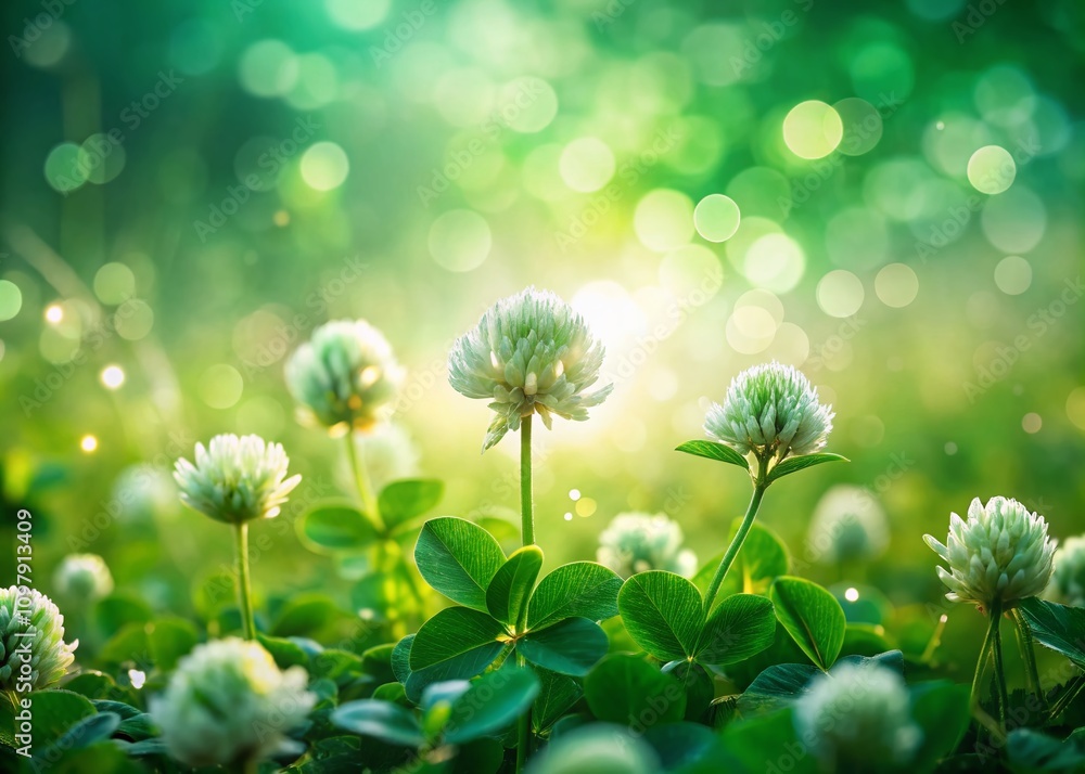 Aufkleber macro photography of a clover field sparkling with shimmering bokeh effects, capturing nature's beau