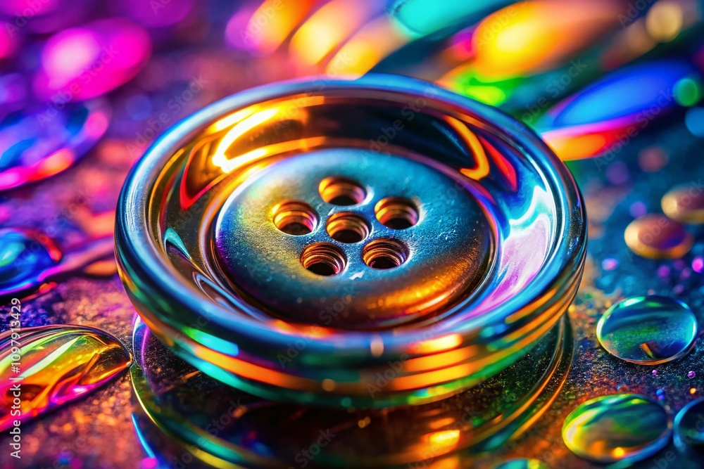 Poster macro photography of a close-up glass button with reflections and textures, capturing intricate deta