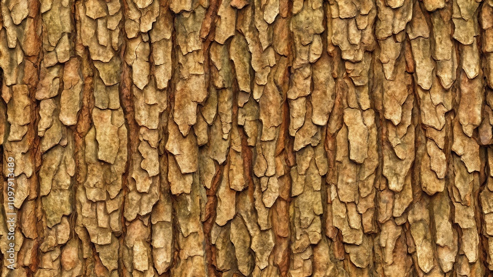 Poster close-up texture of weathered, scaly tree bark with deep fissures and a warm, earthy color palette.