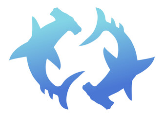 Ilustración de vida marina. Silueta aislada de 2 tiburones martillo girando en círculo