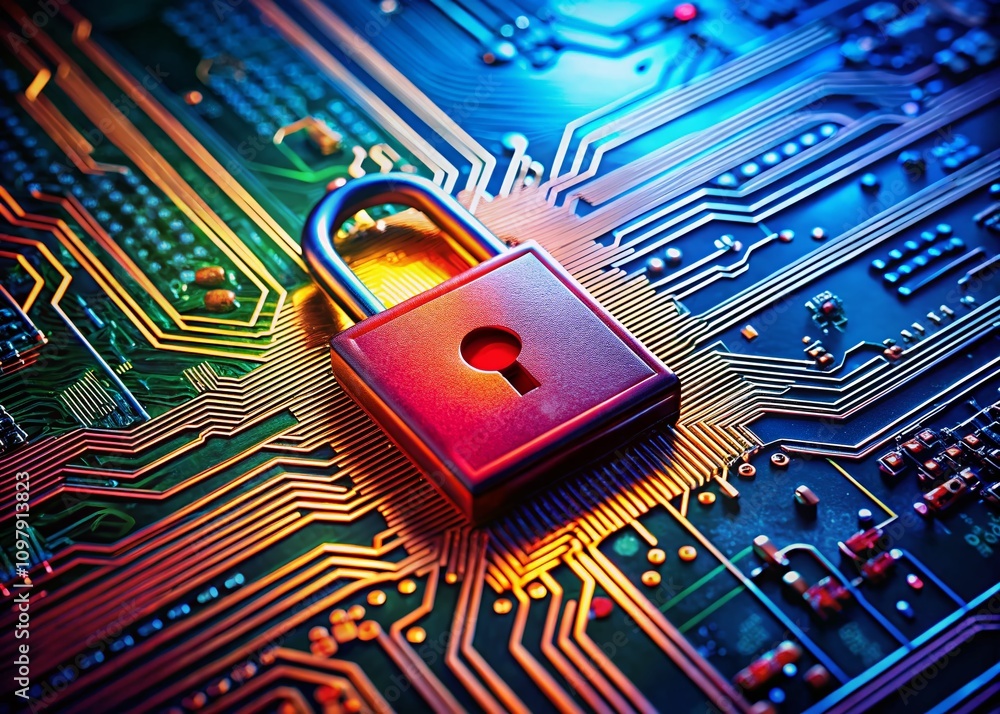 Poster macro photography of a microchip with a padlock symbolizing strong data encryption and hardware secu