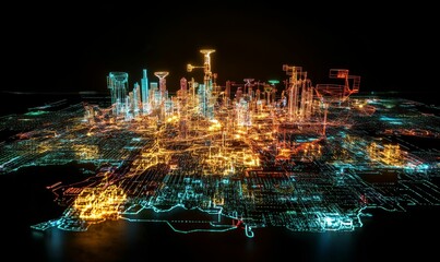 Obraz premium Neon city skyline, digital wireframe, futuristic.