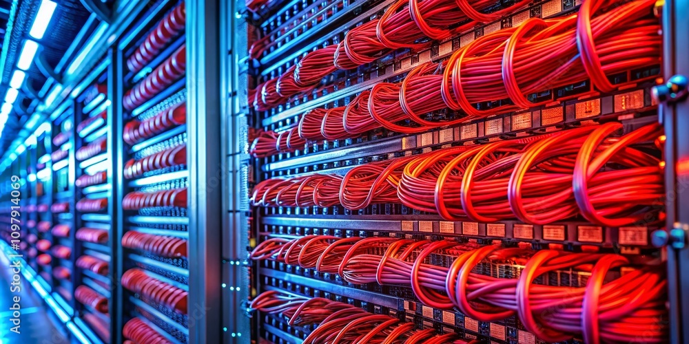 Poster macro photography of a server rack with vibrant red cables and detailed data display on a screen sho