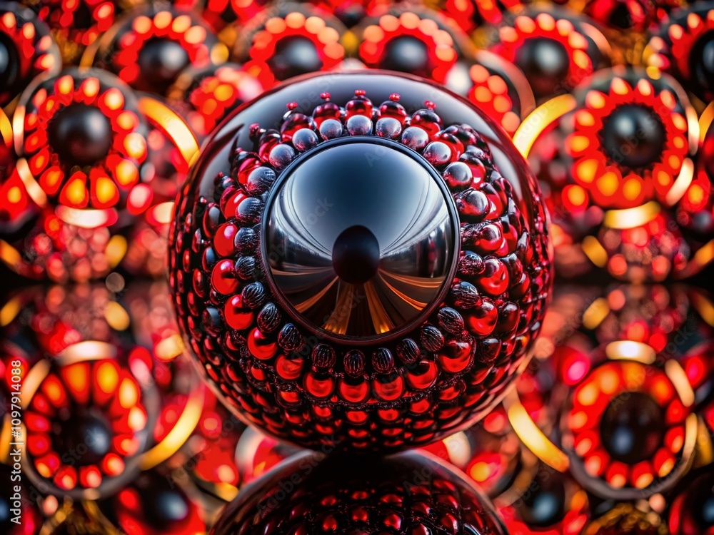 Poster macro photography of a striking black and red symmetrical object featuring a central black sphere, c
