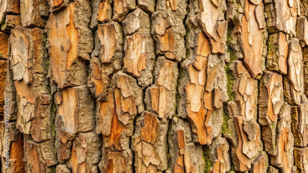 Poster A Close-Up of Rough, Textured Bark on a Tree, Displaying a Natural Pattern of Cracks and Layers