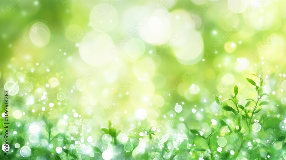 Poster an enchanting abstract banner illustrating a spring background filled with luminous green bokeh ligh