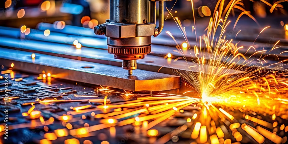 Poster macro photography of an acetylene torch in action, cnc auto machine cutting steel plate with bright 